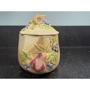 Vtg Japan Majolica Grease Jar Pear Grapes Lid Kitchen Crock 5" Crackle